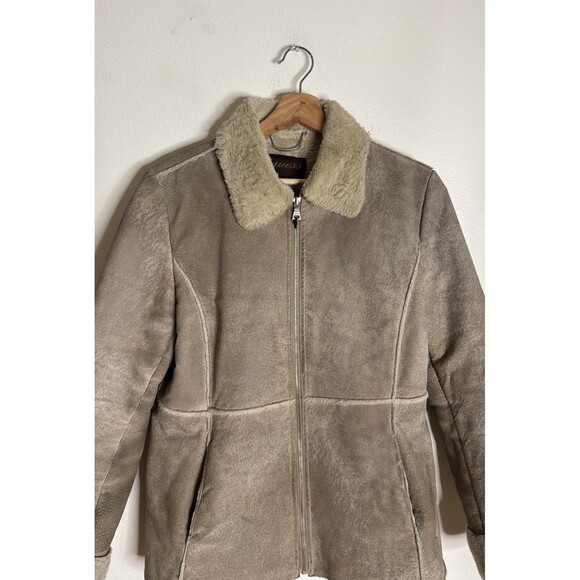 Guess Shearling Jacket Womens Medium Tan Faux Fur Lined Suede leather coat y2k - Picture 2 of 13